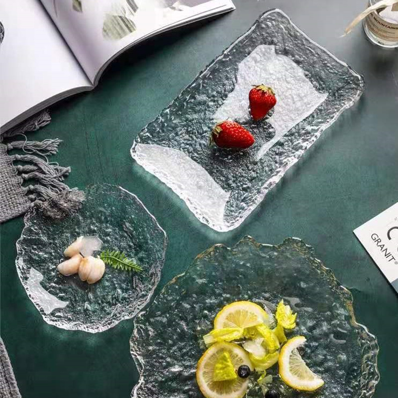 日式不规则锤目纹金边玻璃盘子创意冰露碟水果沙拉寿司餐具餐盘子