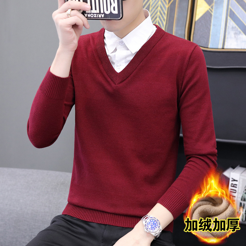 2021秋冬新款衬衫领男士针织衫假两件毛衣男加绒加厚打底衫线衣男