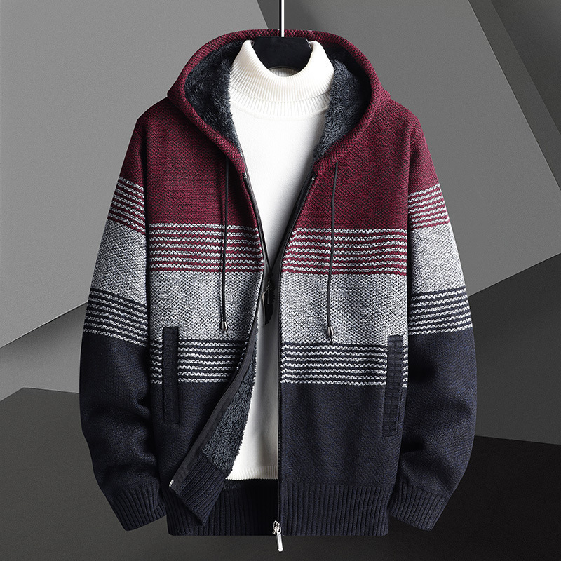 冬季针织衫男士开衫外套加绒加厚连帽拼色毛衣男外搭衣服外穿毛衣