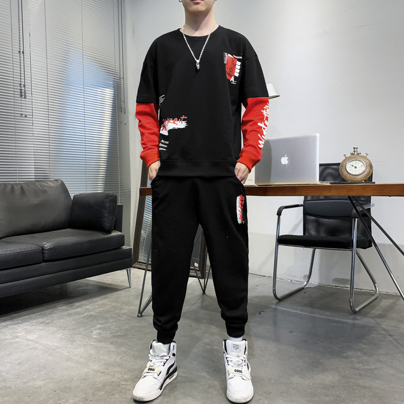 拼接运动套装男秋季潮牌帅气时尚衣服春秋韩版潮流休闲裤子两件套