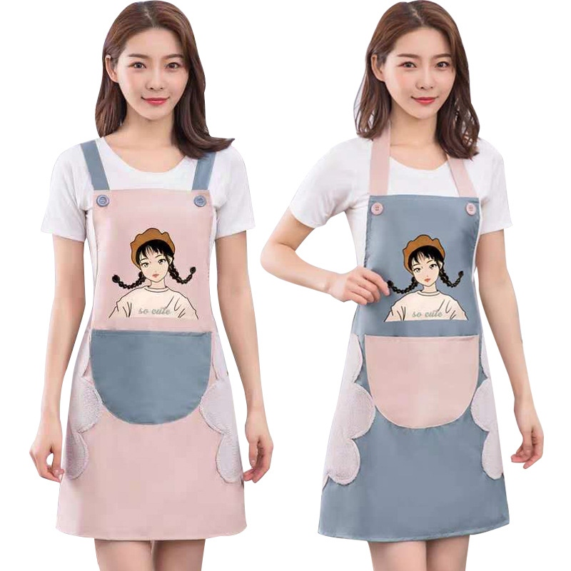 防水可擦手围裙厨房家用挂脖围裙大口袋围裙女孩卡通动漫防水围裙