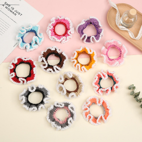 New Autumn and Winter Handmade Crocheted Large Intestine Ring Head Flower Snow White Hair Ring Rubber Band Gross Money headwear Manufacturers Wholesale