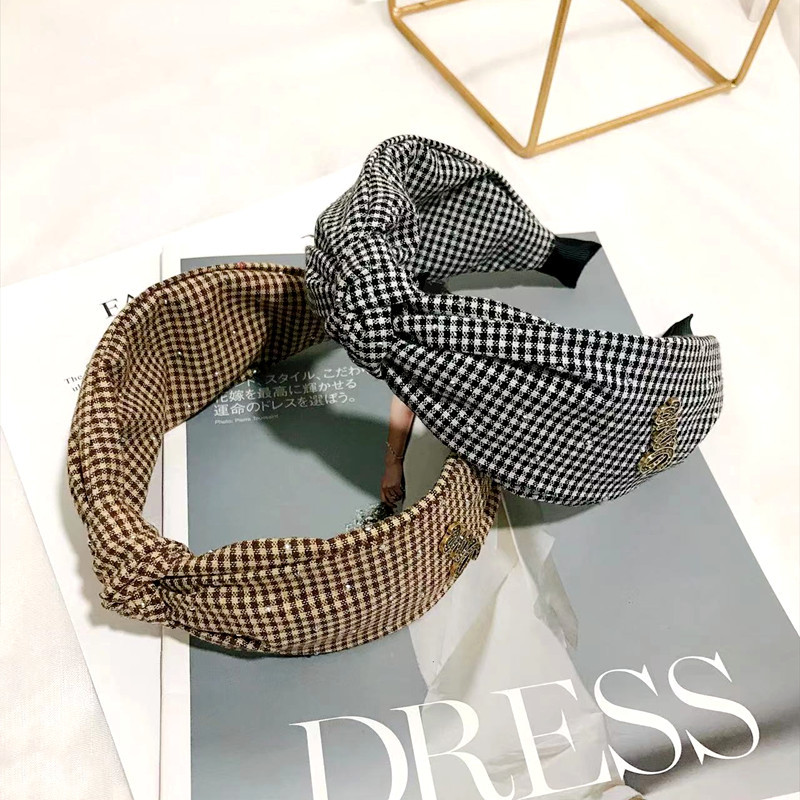 韩国东大门合金配件格子发箍女韩版百搭复古宽边发饰水钻头箍发卡