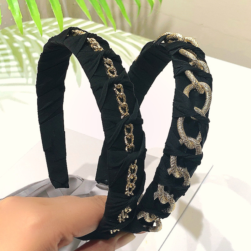 2021欧美新款复古金属链条发箍黑色网红压发细头箍女发窟发