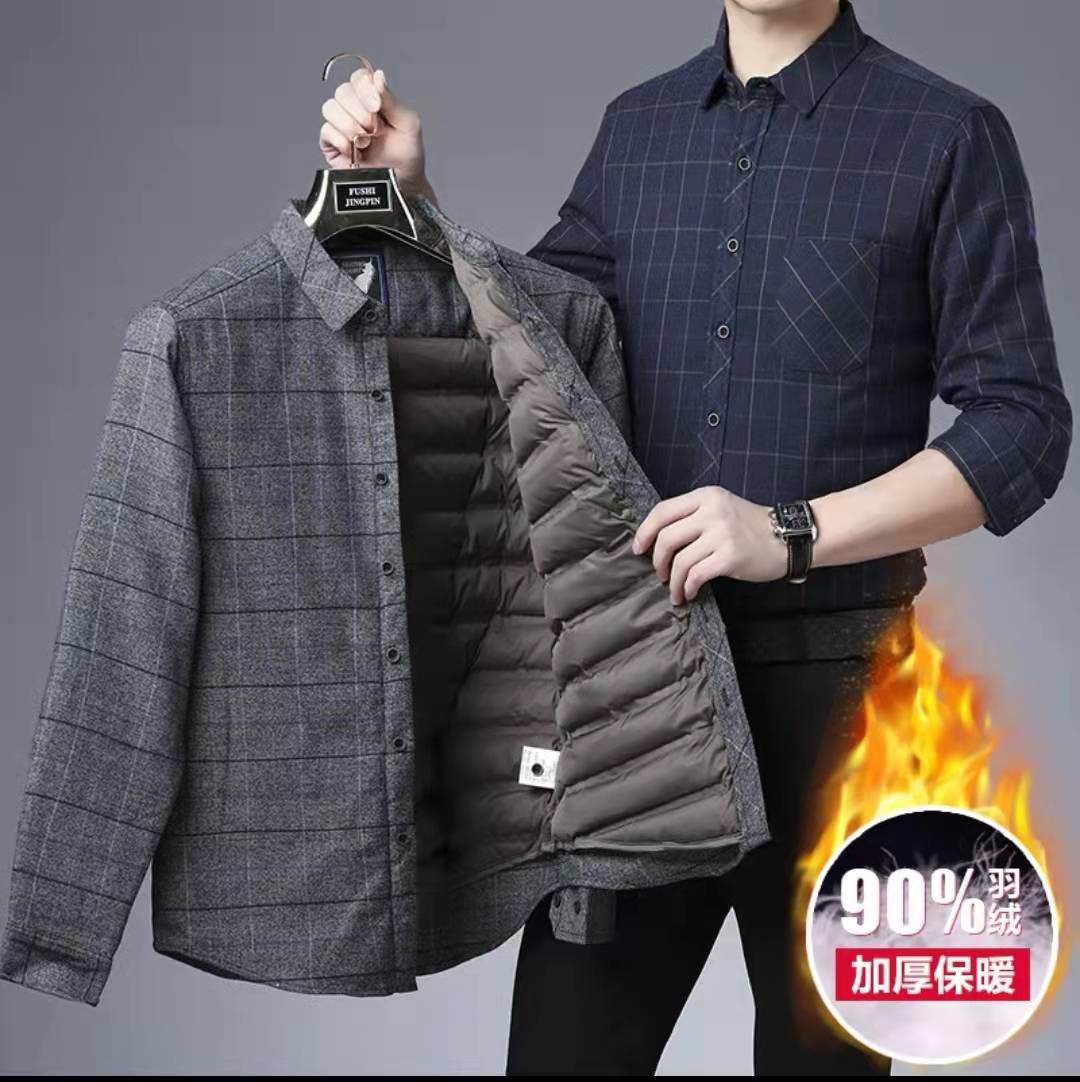 保暖衬衫男长袖加厚加绒秋冬韩版新款中年男士磨毛格子羽绒衬衣