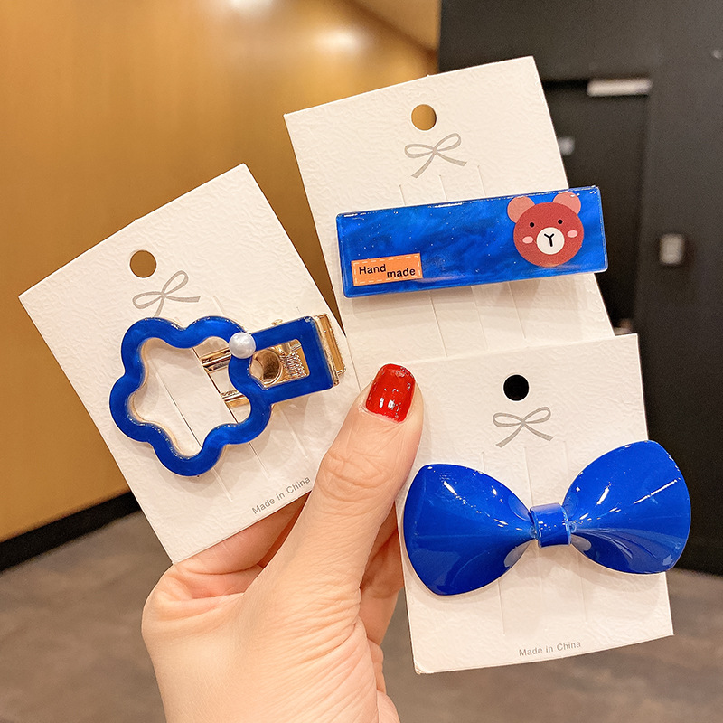 克莱因蓝发饰超显白蓝色发夹大号蝴蝶结边夹秋冬新款抓夹刘海