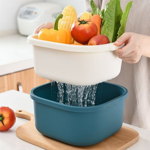 Double-Layer Hollow Fruit Basin Wash Fruit Drain Basket Household Fruit Baskets Creative Plastic Vegetable Basket Kitchen Washing Basin