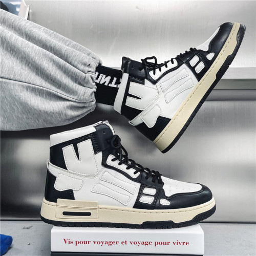 High-Top Fashion Trendy Casual Shoes Thick Bottom Leather Stitching Contrast Color Men‘s Shoes National Fashion Hong Kong Style Street Trendy Match Board Shoes