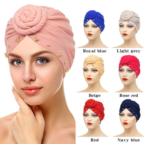 cross-border new ethnic style baotou cap aliexpress hot sale beaded plate flower bottoming hood women‘s headscarf cap