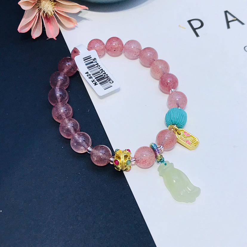 高品质天然草莓晶手链女 和田玉佛手吊坠手串 送长辈 好友