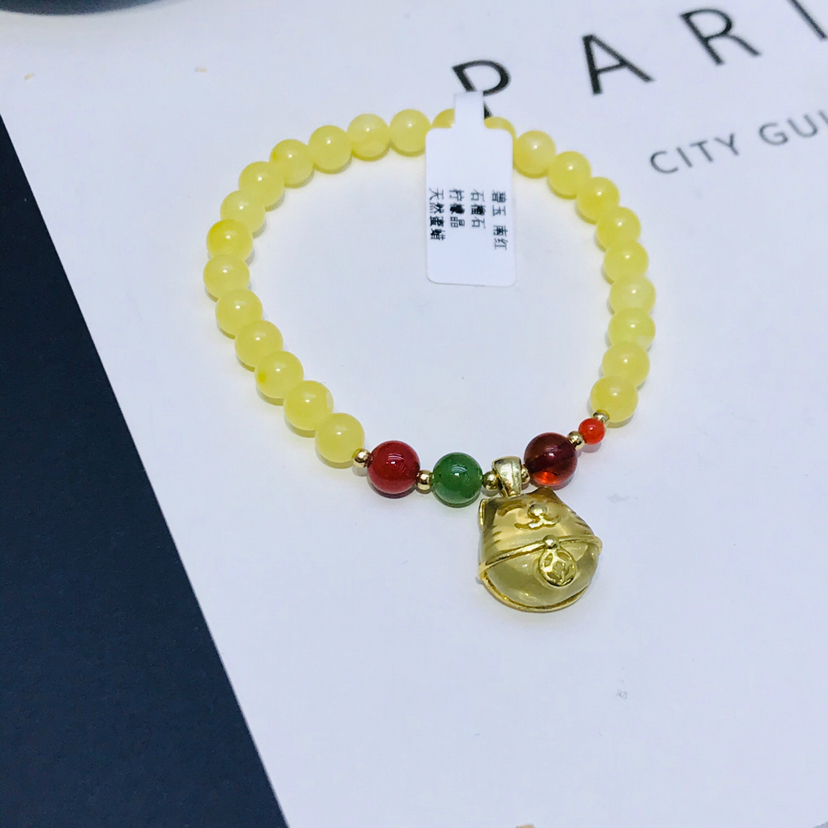 高品质天然蜜蜡手链女 搭配柠檬精招财猫猫吊坠 送闺蜜 女友