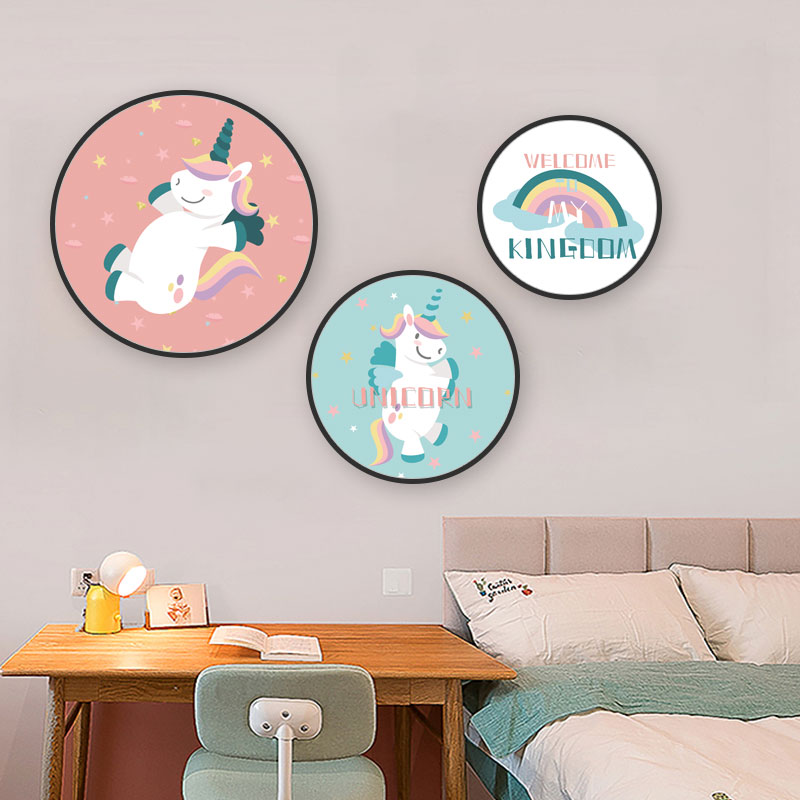 梦幻独角兽图案儿童卧室墙面装饰画客厅房间创意圆形壁画挂画