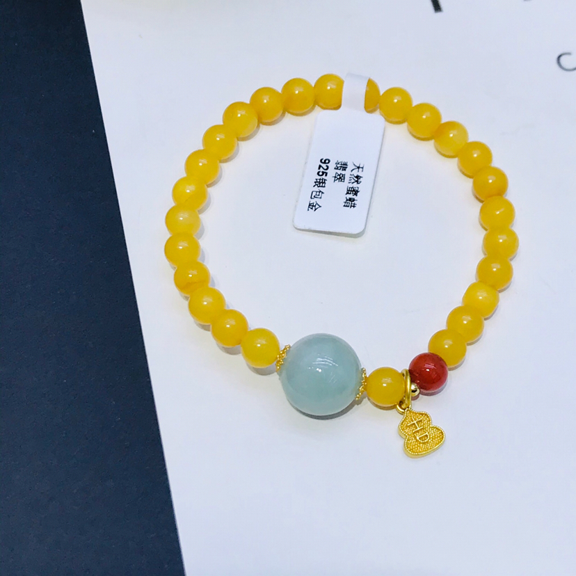 高品质天然蜜蜡翡翠手链女 925银镀14K真金手串 送女友 长辈首选