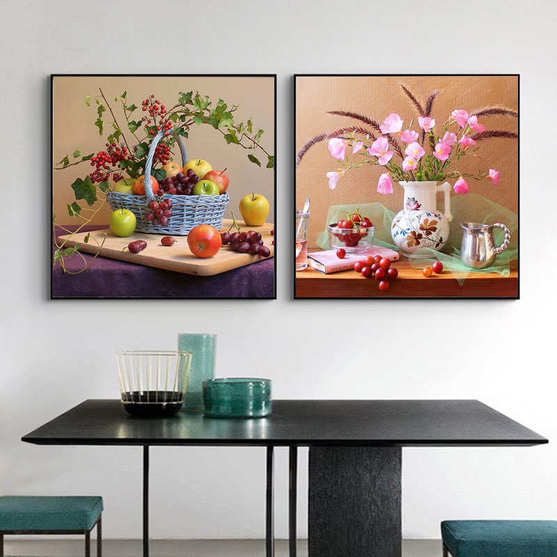 高清现代花卉图案餐厅组合两联墙面装饰画挂画家居走廊画布壁画