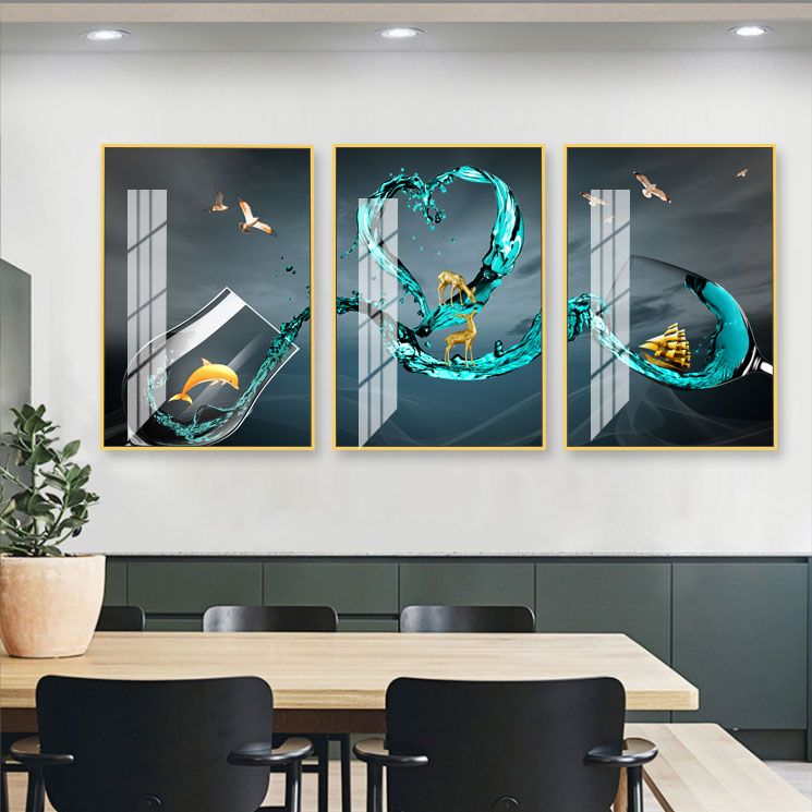 饭店餐厅背景墙创意酒杯图案装饰画房间客厅轻奢三联组合壁画挂画