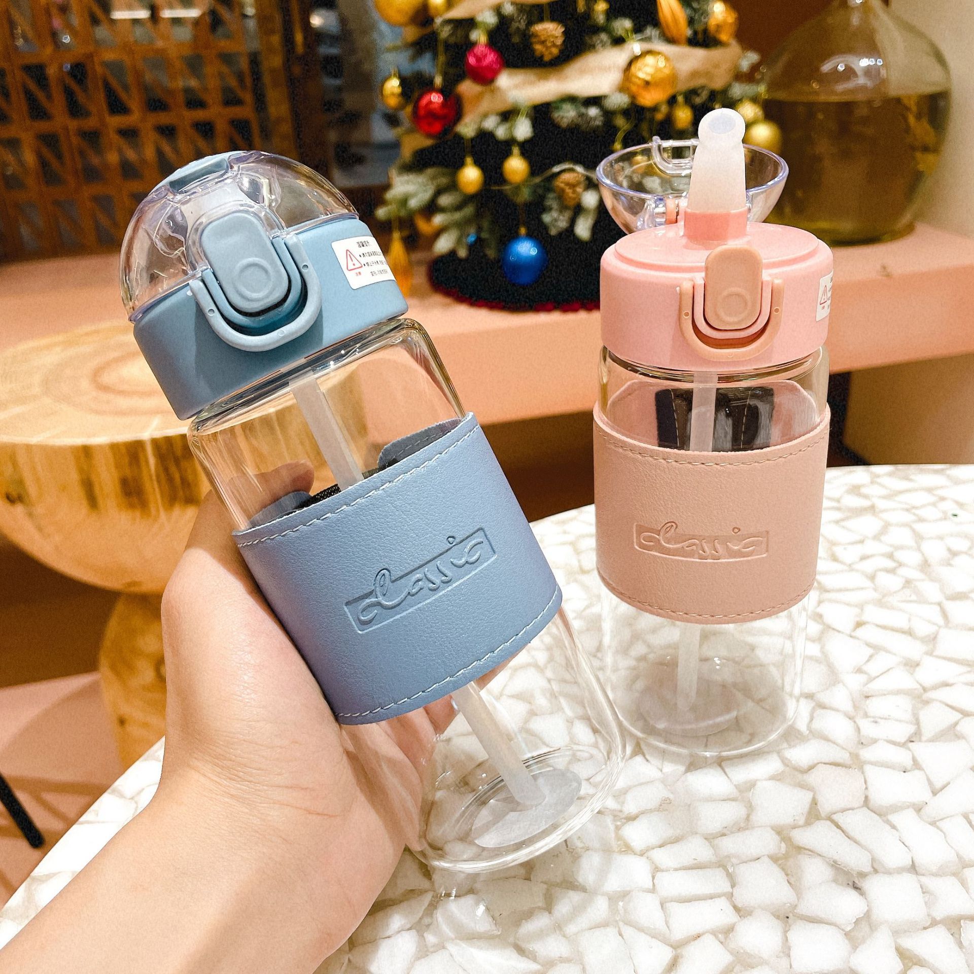 时尚简约高硼硅玻璃水杯皮套防烫手提办公室杯子便携吸管泡茶