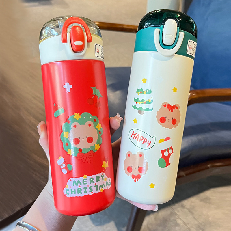 圣诞不锈钢保温杯带吸管高颜值弹盖真空水杯学生便携礼品杯子