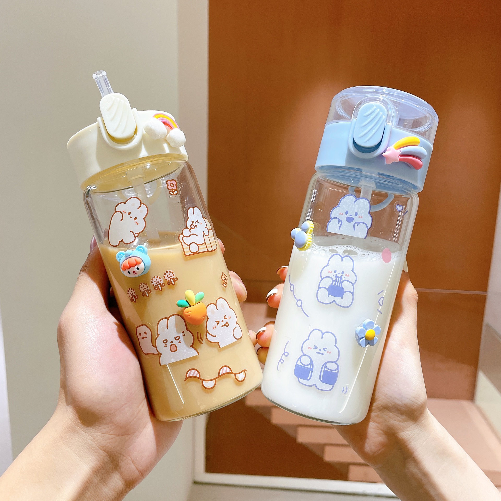 DIY可爱玻璃杯带吸管贴纸水杯便携卡通可爱学生高颜值手提杯子