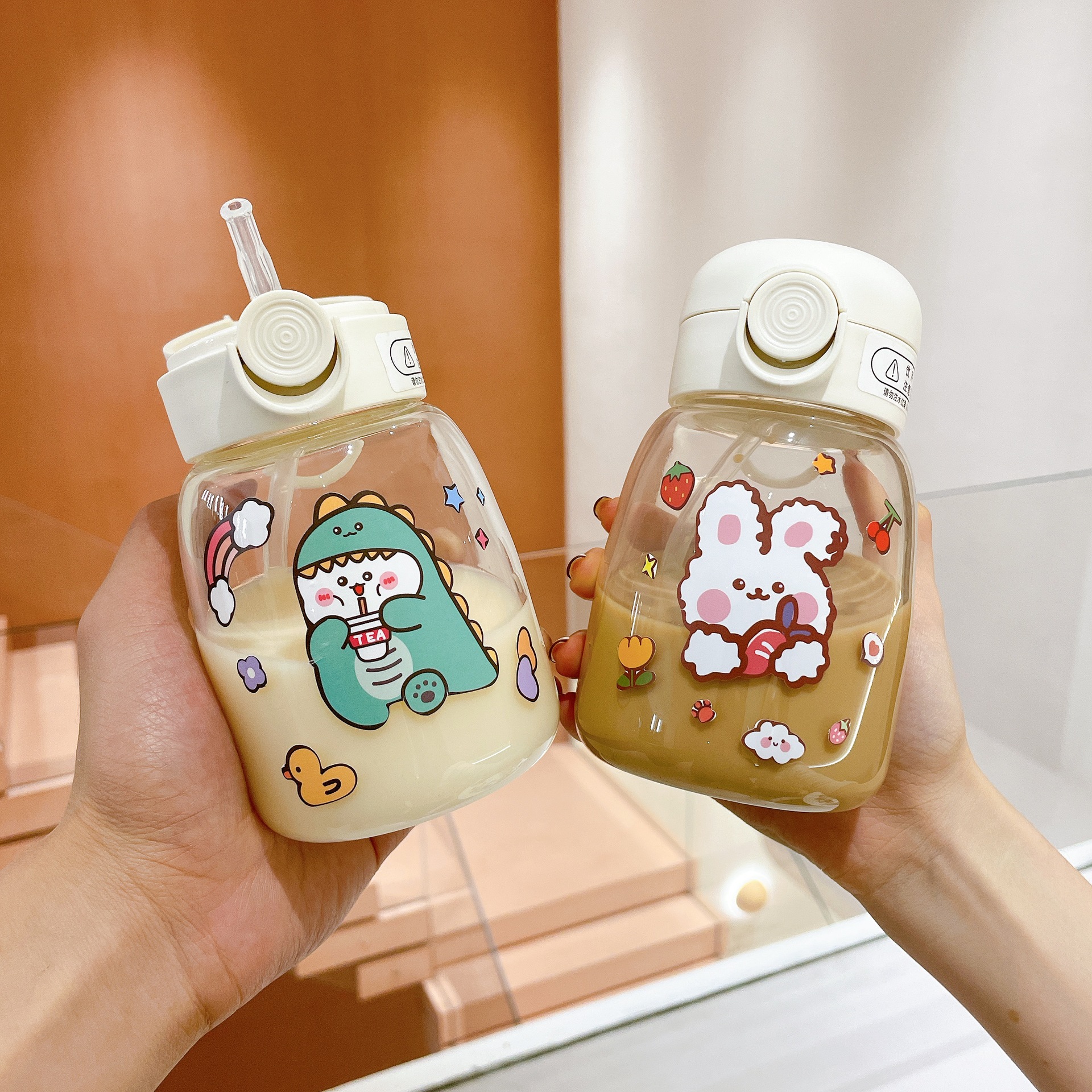 萌系胖胖玻璃杯带吸管可爱IDY创意贴纸水杯便携弹盖耐热学生