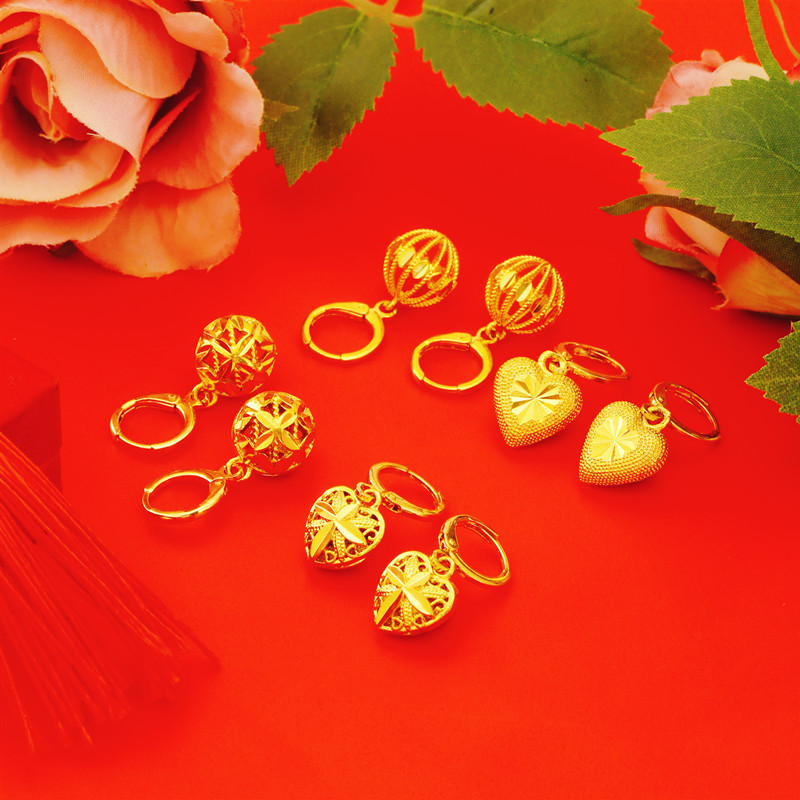 奢华小巧越南沙金镂空球耳坠女款 简约复古仿24k真金心形短款耳环