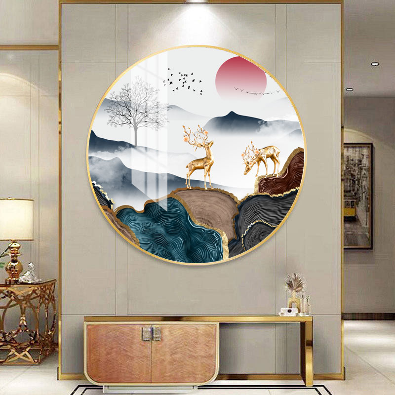 金鹿轻奢圆形走廊客厅背景墙晶瓷装饰画酒店大厅装饰墙画壁画