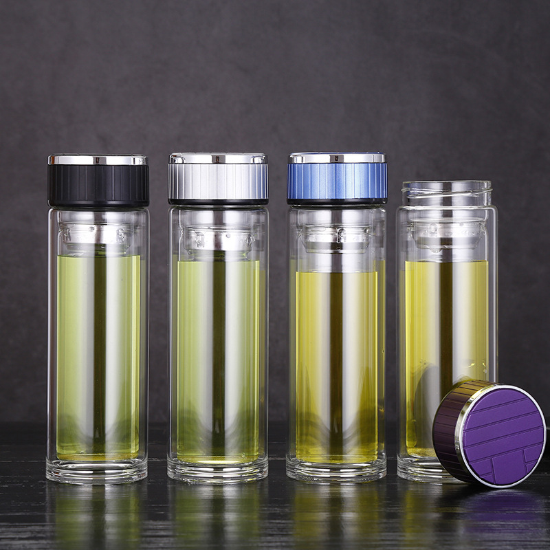 广告宣传双层玻璃杯茶叶漏网带盖透明水杯不锈钢保温办公商务茶杯