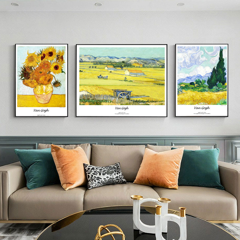 手绘风格向日葵花卉图案油画帆布画客厅酒店三联组合装饰墙画壁画