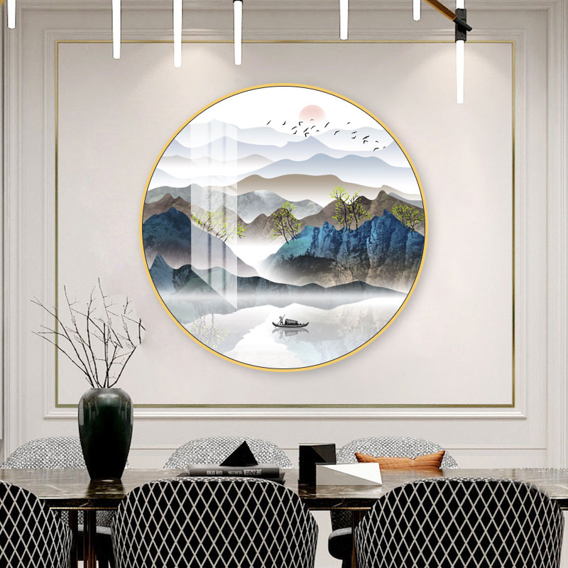客厅轻奢中式圆形水墨山水图案装饰画酒店书房背景墙画壁画晶瓷画