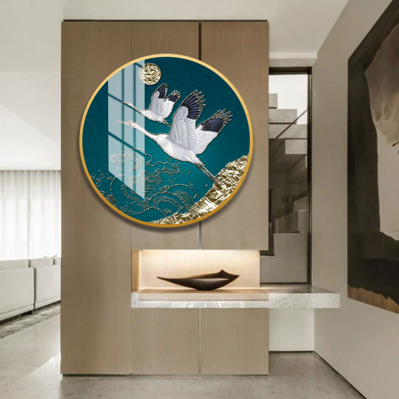 圆形高清古风白鹤图案客厅晶瓷装饰画轻奢酒店背景墙挂画墙画