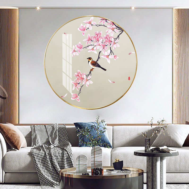 圆形新中式腊梅图案入户走廊大厅背景墙装饰画晶瓷材质壁画墙画