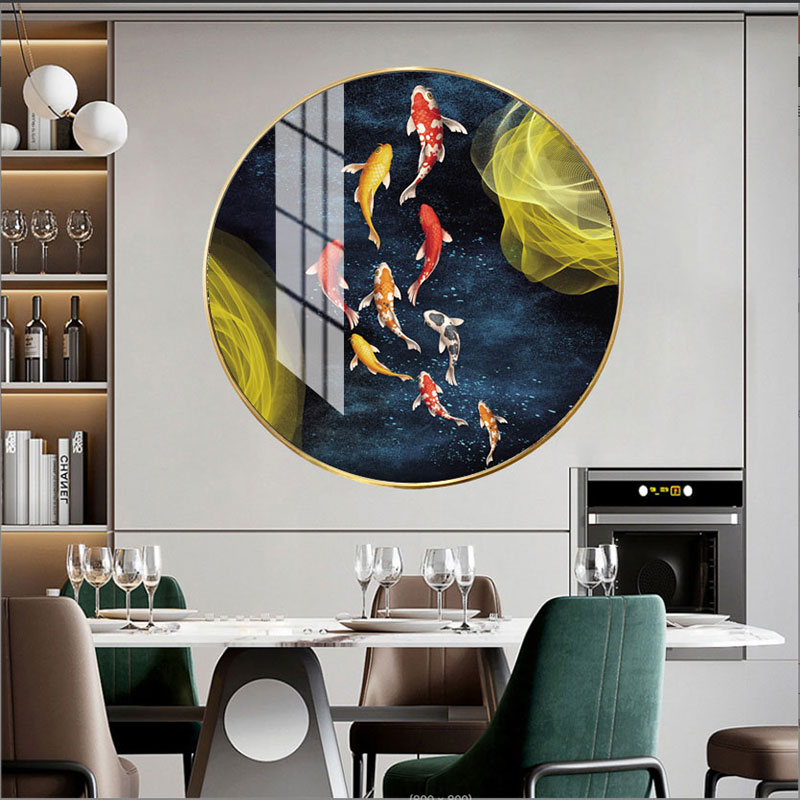 豪华九鱼图案圆形入户玄关背景墙装饰画客厅沙发背景装饰画壁画