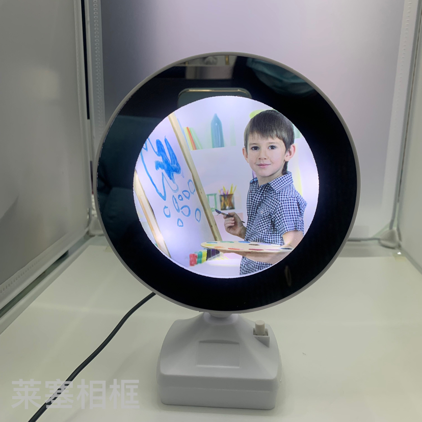 小圆形镜子照片客厅卧室工艺品摆台带灯化妆镜相框