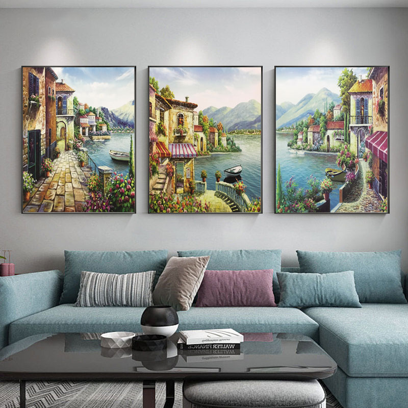 欧洲复古文艺田园风景沙发背景组合装饰画酒店房间油画装饰画墙画