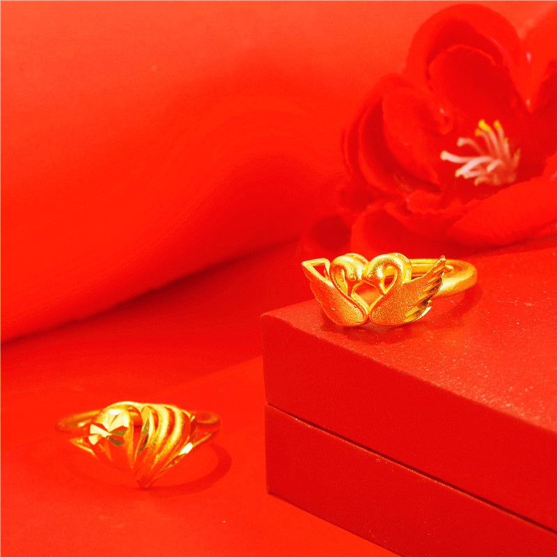 欧币金仿黄金绒沙天鹅戒指 越南沙金黄铜镀真金心形女戒 首饰批发