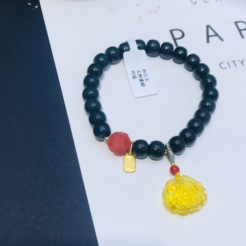 天然高品质和田墨玉手链女 搭配牡丹花蜜蜡吊坠手串 时尚精致手饰
