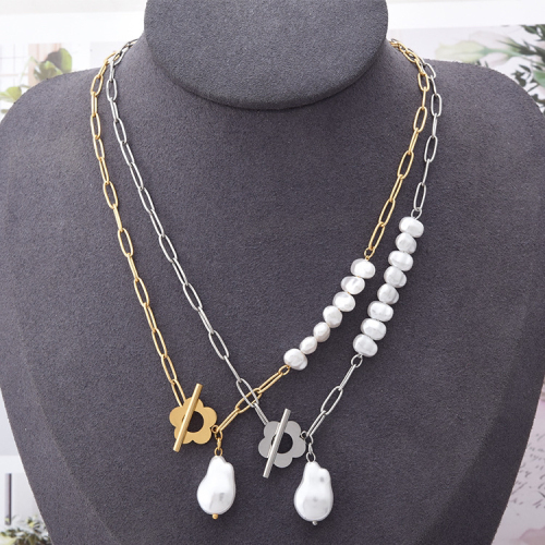 korean dongdaemun new necklace geometric large pearl pendant flower ot buckle clavicle chain titanium steel necklace