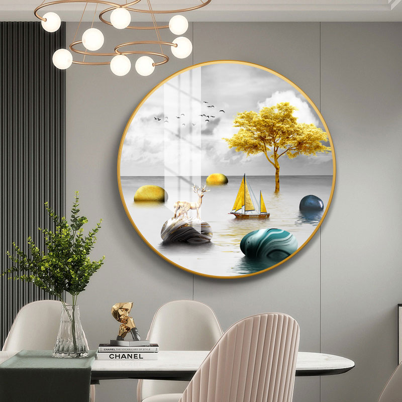 圆形高品质金色麋鹿图案装饰画客厅酒店走廊豪华晶瓷装饰画壁画