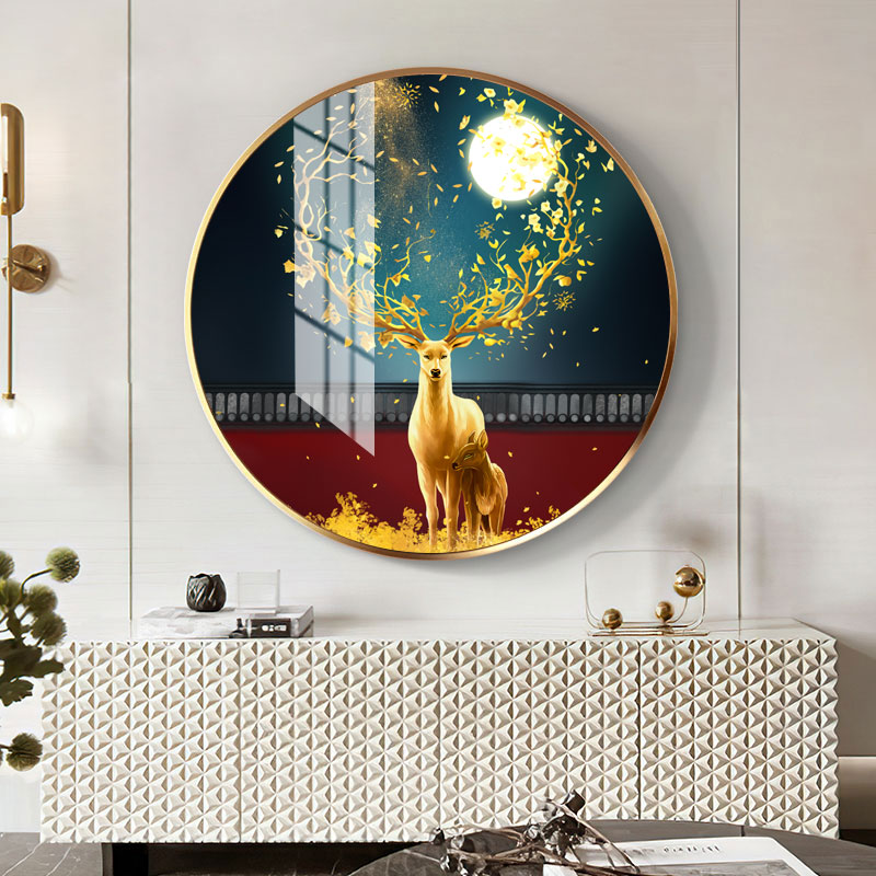 金色驯鹿图案玄关走廊装饰画中式轻奢晶瓷工艺酒店房间背景墙墙画