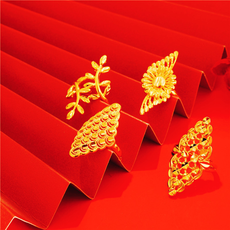 越南沙金黄铜镀金女款仿金戒指 创意婚庆时尚花朵开口大戒指批发