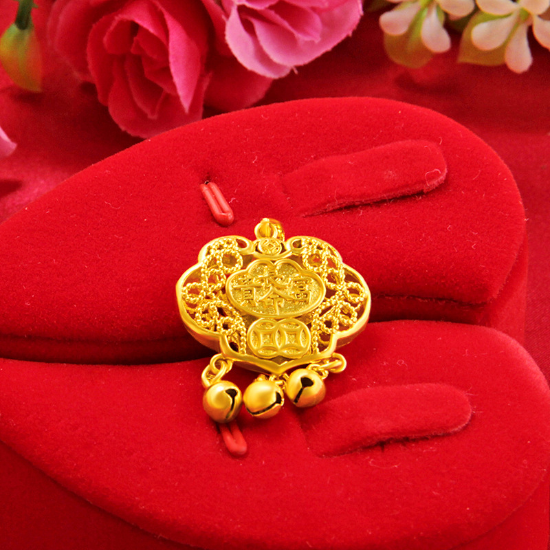 金品惠黄铜镀金牡丹花长命锁吊坠 沙金流苏挂坠饰品配件批发