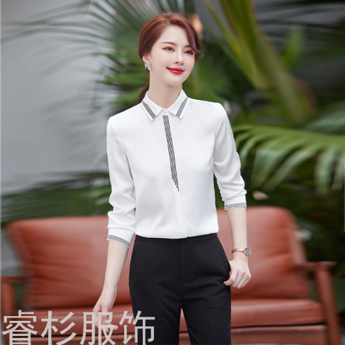022 Autumn and Winter Trim New Women‘s White Long-Sleeved Shirt Formal Wear Professional Work Clothes Blue Shirt Top 