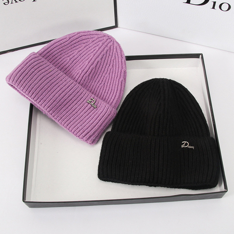 帽子女新款针织帽子男秋冬纯色金属标套头帽女嘻哈毛线帽冷帽