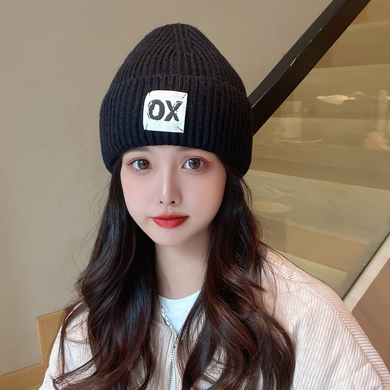秋冬韩版时尚针织保暖毛线帽子XO贴布情侣街头百搭女冬冷帽