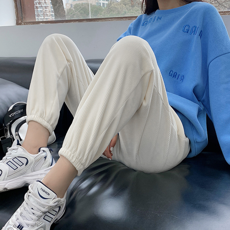 雪尼尔运动裤女秋季2021新款宽松束脚百搭休闲灯芯绒显瘦灯笼裤