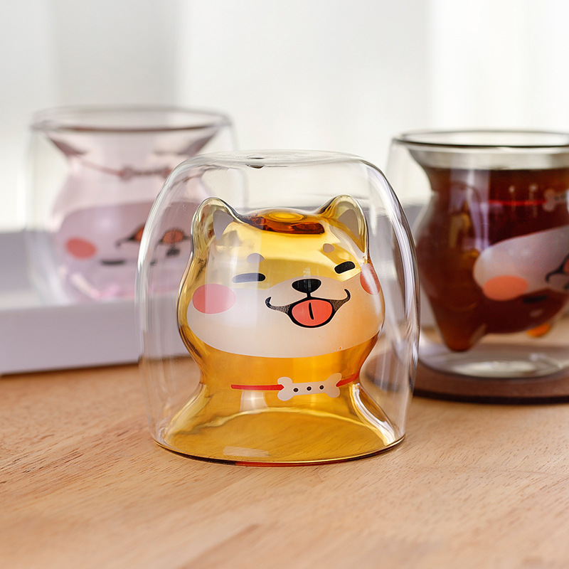 创意卡通小狗头杯高硼硅隔热双层柴犬杯休闲奶茶杯耐热玻璃咖啡杯