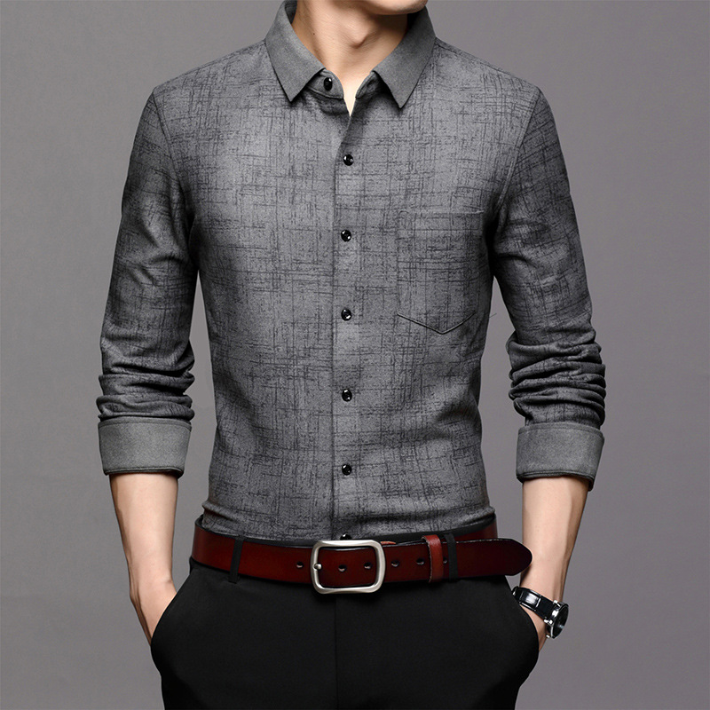 秋冬新款男士双面绒长袖保暖衬衫加厚寸衫韩版潮流弹力口袋款衬衣