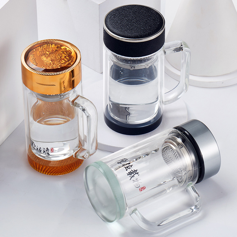 商务办公带把手柄保温高硼硅双层玻璃杯实用礼品茶杯logo印字