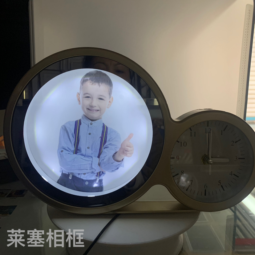 金色带钟双圆形led灯创意摆件工艺品家居装饰礼物照片魔镜相框