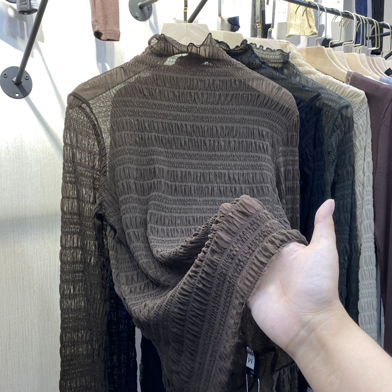 高领雪纺衫2021早秋新款 褶皱网纱蕾丝衫打底衫洋气高端别致