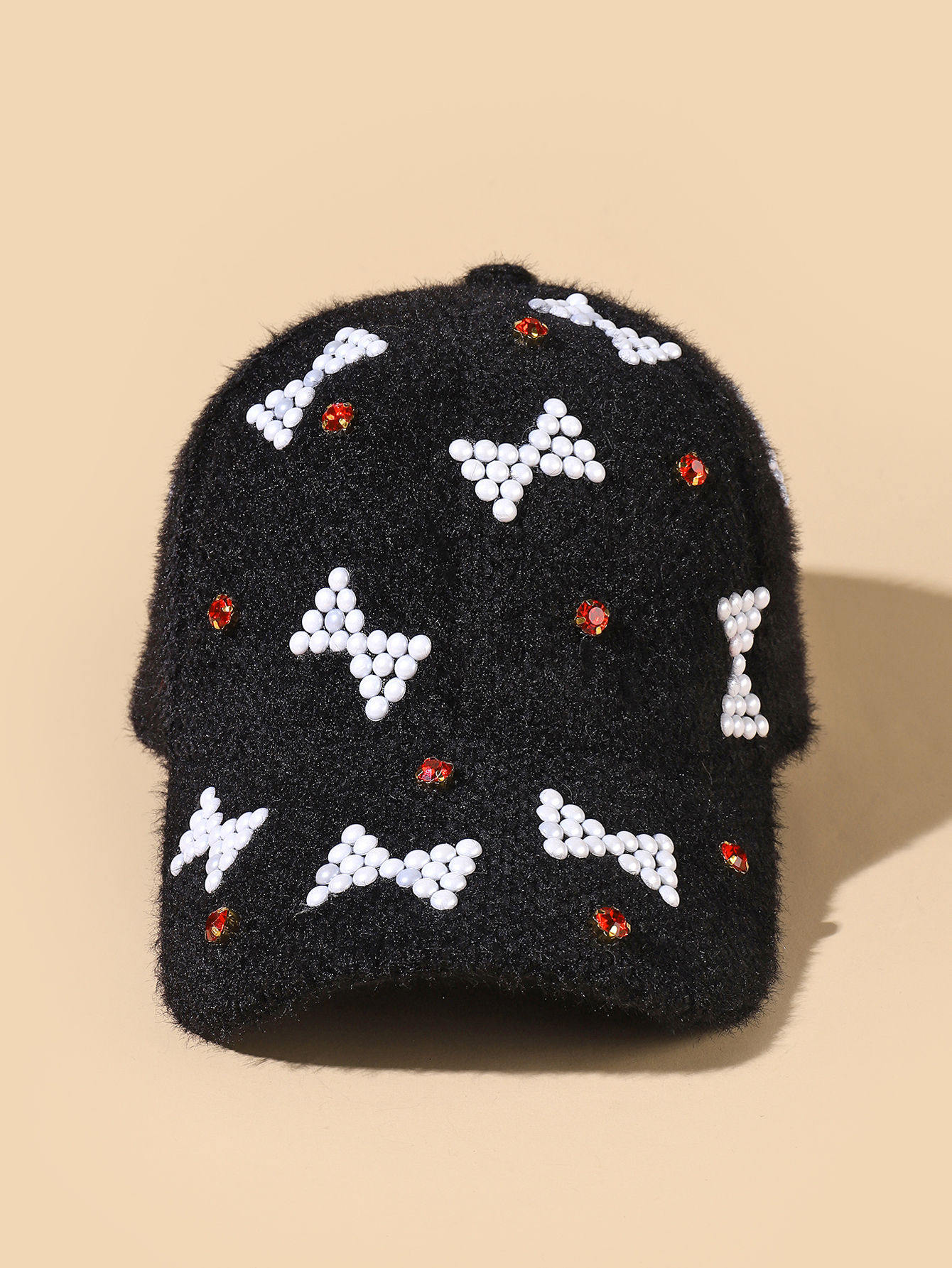 2021秋冬新款韩版百搭时尚镶珍珠蝴蝶结点缀爪钻潮女棒球帽